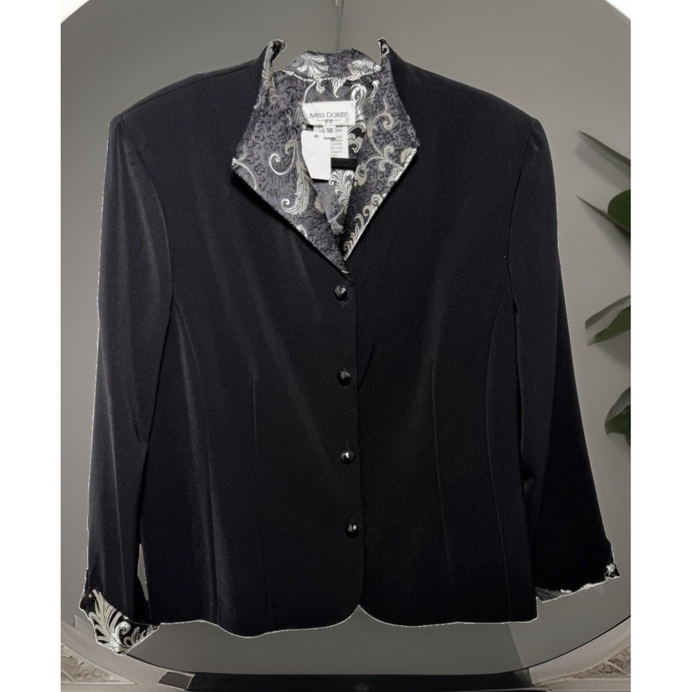 MISS DORBY Vintage 80s Jacket Coat Blazer Women's 18 Black Floral Collar Button